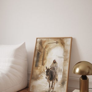 Gesù su un asino che entra a Gerusalemme Poster di Wallency - Arte murale cristiana ad acquerello, dipinto di Gesù, regalo cristiano - Cornice opzionale