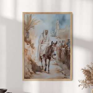 Poster di Gesù sull&#39;asino che entra a Gerusalemme di Wallency - Arte da parete cristiana ad acquerello, dipinto di Gesù, regalo cristiano - Cornice opzionale