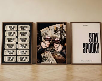 Halloween Poster Set of 3, Trick or Treat, Stay Spooky, Eyeball Martini, Gothic Decor
