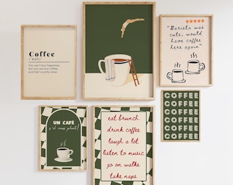 May include: Set of nine printable wall art prints with a green and white chequered background. The prints feature coffee-themed illustrations and text, including "Coffee", "Un Cafe", "Eat Brunch", "Drink Coffee", "Laugh a Lot", "Listen to Music", "Go on Walks", "Take Naps", and "Coffee" repeated multiple times.