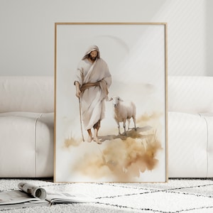 Parable of the Lost Sheep Poster by Wallency - Watercolor Wall Art, Jesus and the Lamb Portrait, Jesus Leaves The 99 Art - Optional Frame