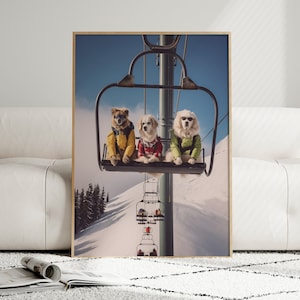 Poster Hunde in einem Skiort - Skifahrer Geschenkidee, lustige Tierwandkunst, Tierdrucke - optionaler Rahmen