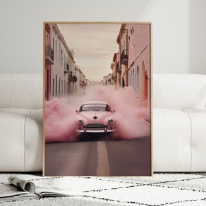 Pink Beetle Car Print: Vintage Smoke Poster, Retro Auto Art