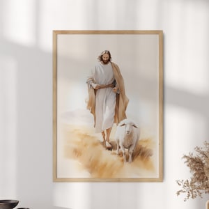 Jesus and Lamb Watercolor Art Print - Christian Wall Decor