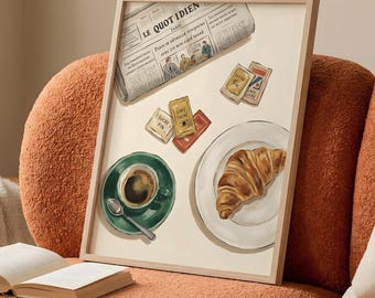 French Cafe Poster, Croissant Espresso Breakfast Print, Paris Morning Kitchen Wall Art
