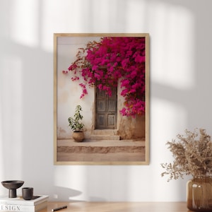 Bougainvillea Art Print: Indian Flower, Blue Door, Mediterranean Decor