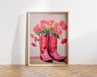 Pink Cowgirl Boots Floral Print, Western Wall Art (Digital File)