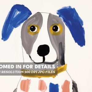 May include: A painting of a dog with blue ears, grey fur, and yellow eyes. The dog is wearing a yellow collar and has a pink and blue patterned scarf around its neck.