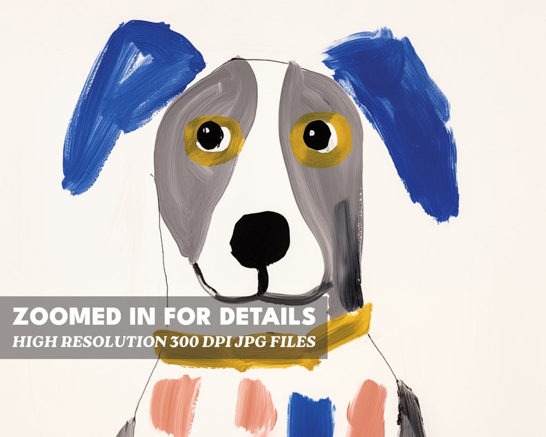 May include: A painting of a dog with blue ears, grey fur, and yellow eyes. The dog is wearing a yellow collar and has a pink and blue patterned scarf around its neck.