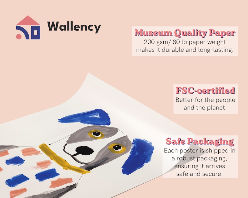 May include: A colourful illustration of a dog wearing a striped shirt printed on a white poster. The poster is made with museum quality paper, 200 gsm/80 lb paper weight, and is FSC-certified. The poster is shipped in safe packaging.