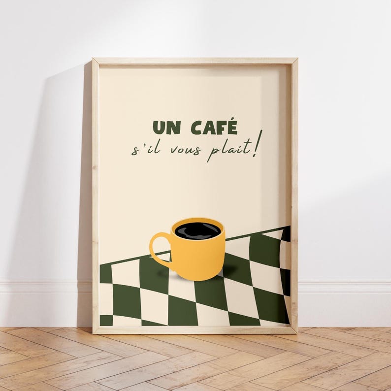 French kitchen decor, vintage checkered background, wall decor, digital download, instant print, kitchen decor, coffee nook decor, dining area decor, French elegance, vintage chic, coffee lovers, stylish gift.