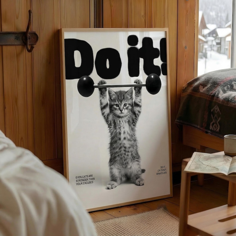 cat gym poster, kitten lifting weights, motivational cat print, funny workout art, do it cat poster, cute kitten gym, fitness cat motivation, gym humor poster, cat lover gift, weightlifting kitten, stronger than excuses, funny cat art, home gym decor