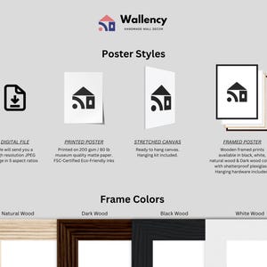 May include: An advertisement for Wallency handmade wall decor. It showcases poster styles: digital file, printed poster, stretched canvas, and framed poster. Frame colors include natural, dark, black, and white wood.