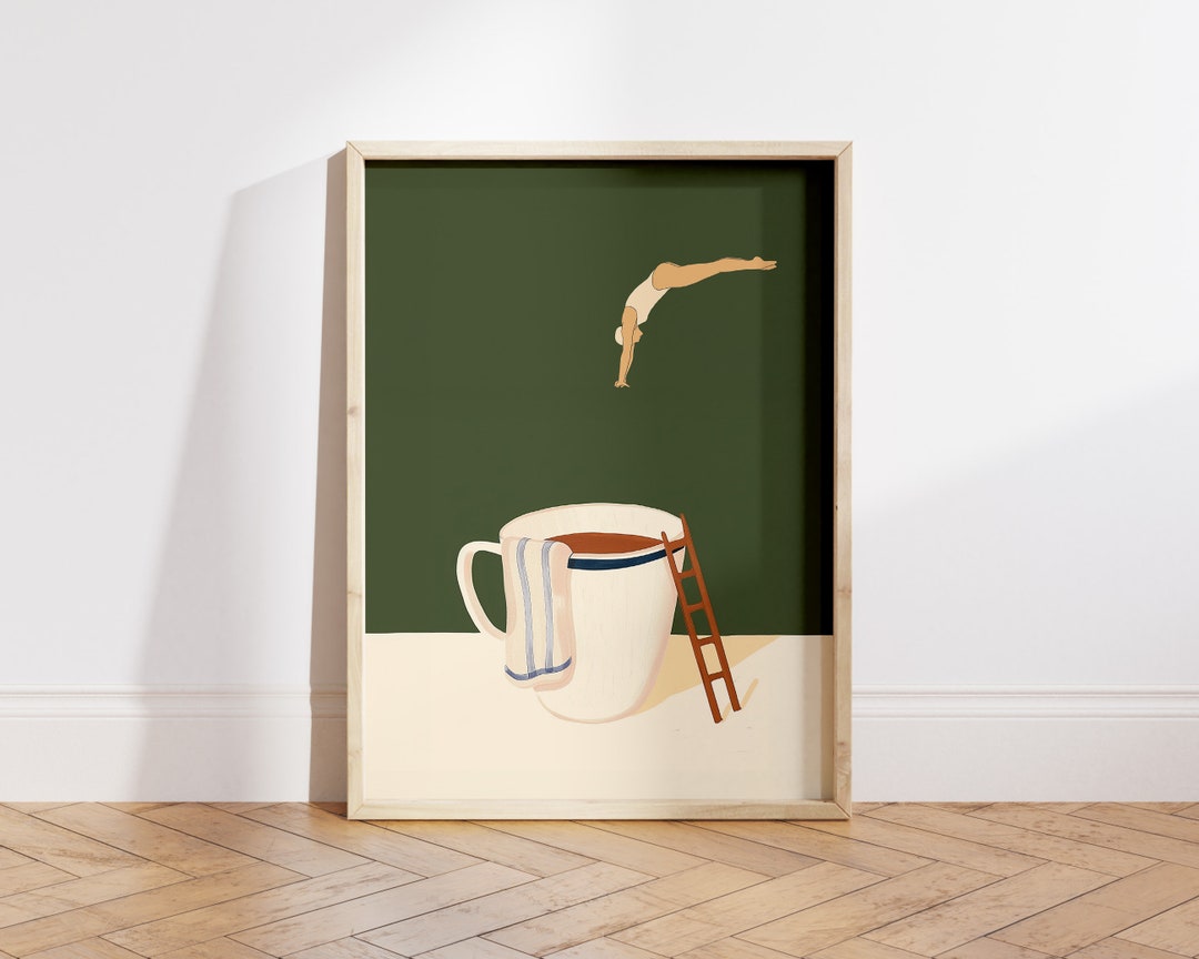 Coffee Diver Poster Stampa Buongiorno Poster Regalo per gli amanti del caffè Stazione del caffè Decorazione Arte murale Poster da cucina verde salvia alla moda Regalo per lei