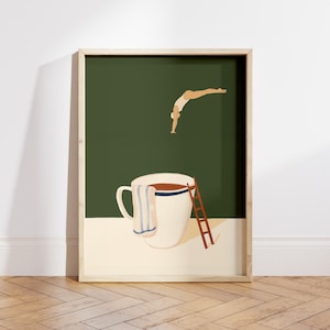 Póster impreso de Coffee Diver, póster de café de buenos días, regalo para amantes del café, arte de pared de estación de café, arte de pared de cocina de moda - Archivo digital