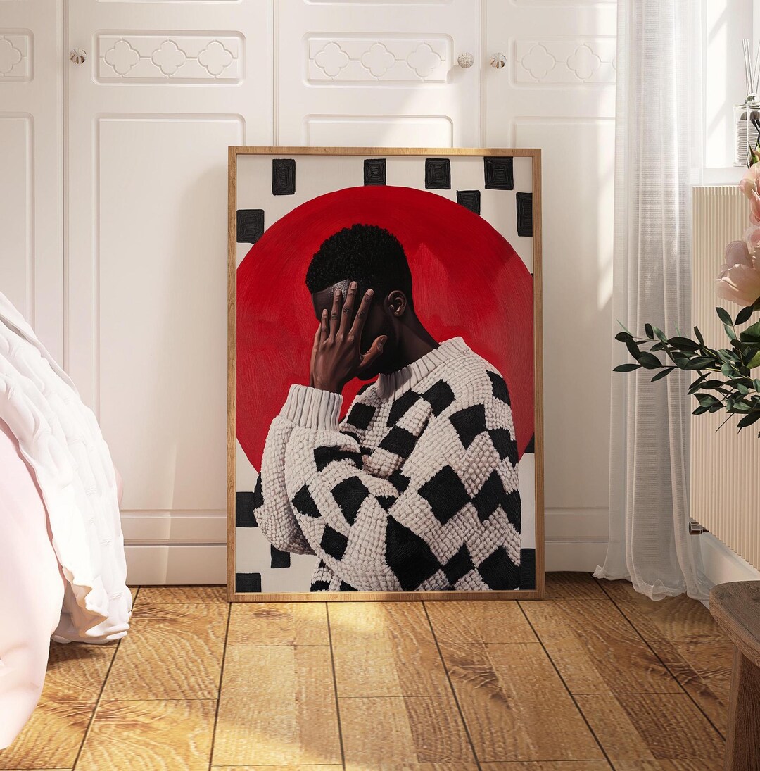 Black Man Watercolor Poster: Checkered Sweater, Modern Wall Art - Etsy