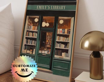 May include: A painting of a green storefront with the words "Emily's Library" above the entrance. The storefront has large windows displaying bookshelves filled with books. The painting is framed in a light wood frame.