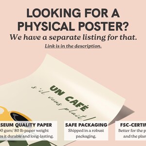 May include: A digital download of a printable poster featuring the text "UN CAF&Eacute; s'il vous pla&icirc;t" in a green and white font. The poster is designed to look like a vintage coffee shop sign. The text is on a white background with a brown coffee cup and a checkered pattern in the background.