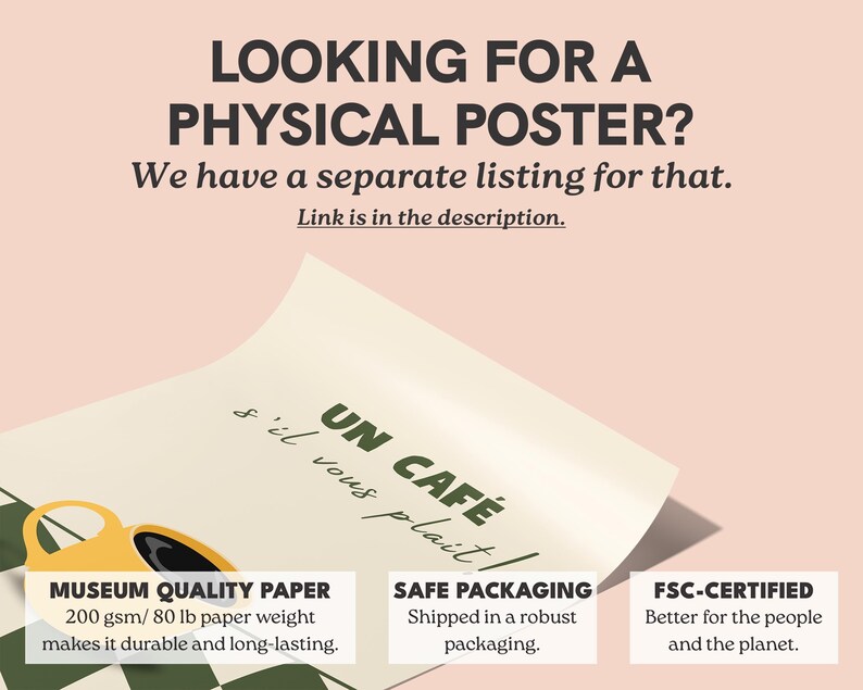May include: A digital download of a printable poster featuring the text "UN CAF&Eacute; s'il vous pla&icirc;t" in a green and white font. The poster is designed to look like a vintage coffee shop sign. The text is on a white background with a brown coffee cup and a checkered pattern in the background.