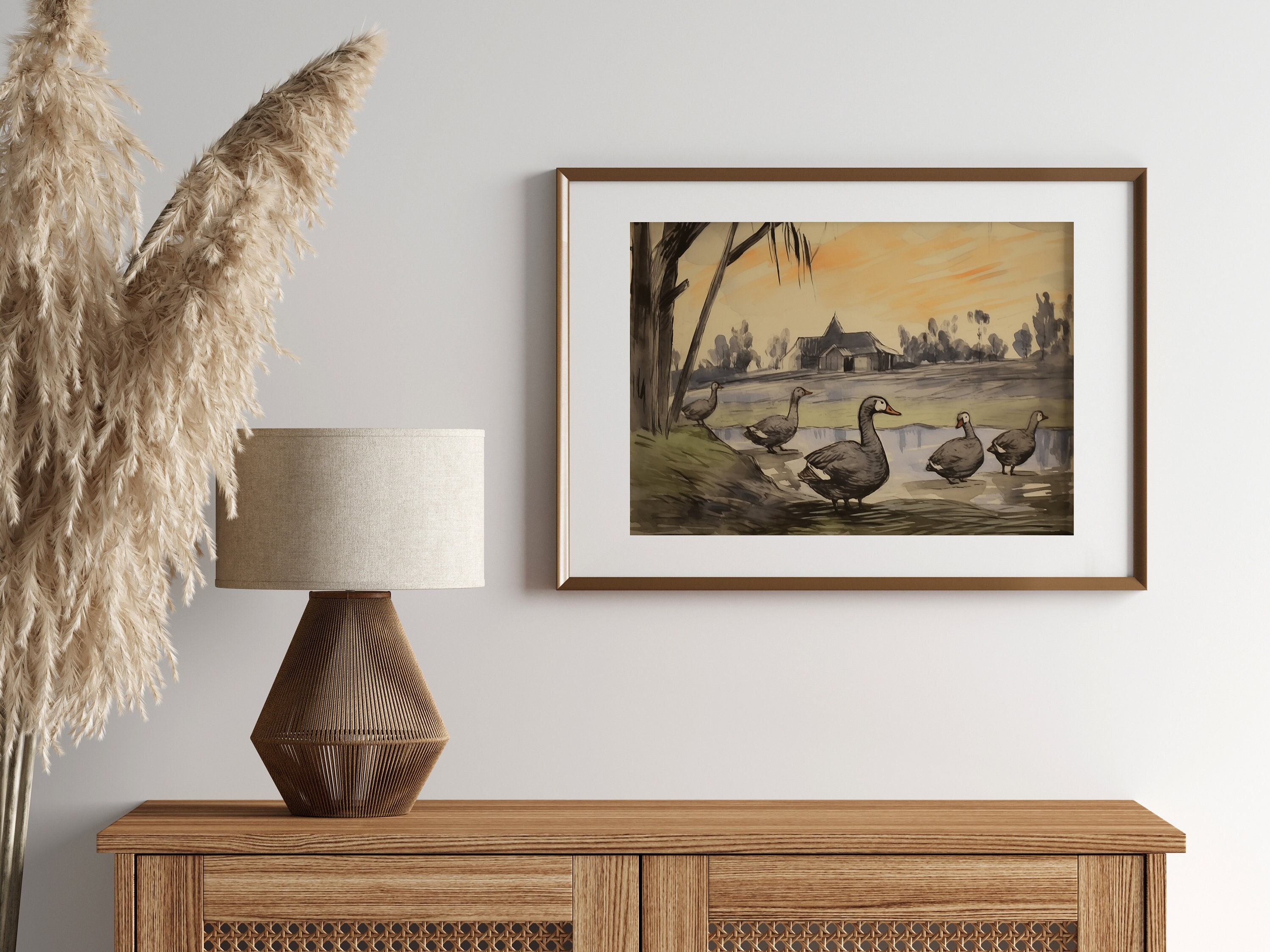 ガチョウの水彩画：農家風コテージコアの壁アート - Etsy 日本