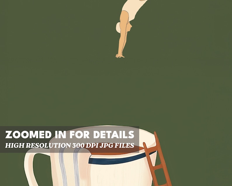 May include: A white ceramic coffee mug with a brown liquid inside. A brown ladder is on the right side of the mug. A person in a white swimsuit is diving headfirst into the mug. The text "Zoomed in for details" and "High resolution 300 DPI JPG files" is at the bottom of the image.