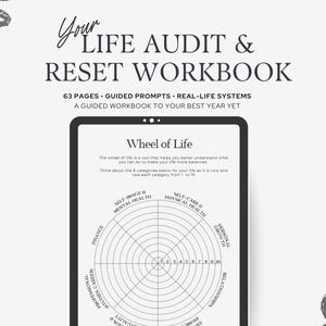 以下が含まれることがあります： 「Your Life Audit & Reset Workbook」というタイトルのデジタルワークブック。テキストは「63 Pages, Guided Prompts, Real-Life Systems」です。自己評価のための「Wheel of Life」図が特徴です。