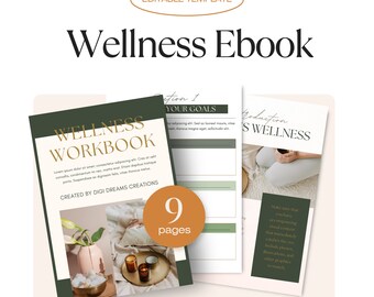 Può includere: Un quaderno di benessere verde e oro con un conteggio di 9 pagine, che presenta una foto di un vaso bianco con un fiore rosa e candele su un vassoio di legno. Il testo "Wellness Workbook" è in un carattere dorato su sfondo verde. Il testo "Creato da Digi Dreams Creations" è in un carattere dorato più piccolo sotto il titolo.