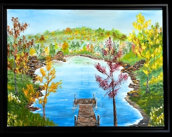 Dipinto acrilico originale su tela - Molo in autunno - 18 x 24 pollici