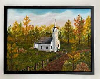 Dipinto acrilico originale su tela - Chiesa di campagna - 18 x 24 pollici