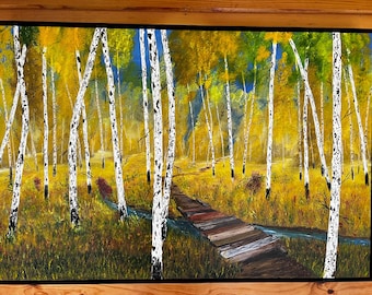 Dipinto acrilico originale su tela - Vecchio ponte di betulla stanco - 24 x 36 pollici