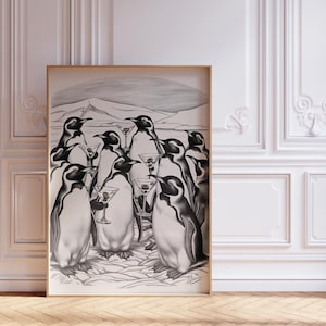 Vintage Penguin Martini Plakat Bar Cart Wall Art Koktajl Zimowy Malarstwo Modny Wystrój Domu Koktajl Prezent dla Przyjaciela Uroczy Sezonowy Wydruk