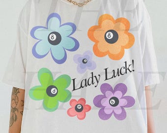 Lady Luck 8 Ball Flower Graphic Tee PNG, Lucky Girl Retro Groovy Graphic, Y2K Daisy TShirt Design, Digital Download, Sublimation Clipart