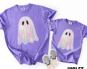 Matching Mommy and Me Ghost Shirts, Cute Toddler Spooky Tee, Youth Shimmering Iridescent Ghost Tees, Pastel Halloween T-Shirts