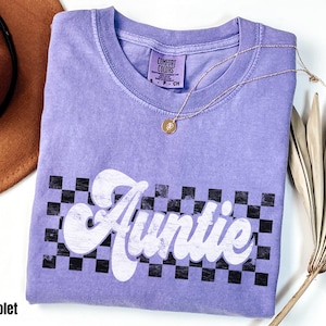 Retro Checkered Auntie Shirt, Comfort Colors Tee, New Aunt Gift, Pregnancy Announcement, Pregnancy Reveal to Aunty Funtie Tia Tante Tiya