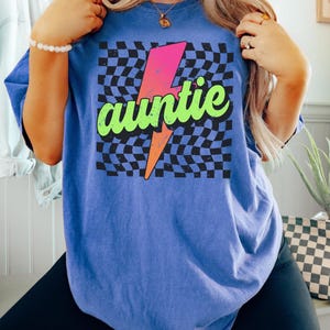 Neon Auntie Shirt, Checkered Aunt Shirt, Lightning Bolt Shirt, Gift for Sister, Retro Checkered Auntie T-Shirt, Comfort Colors® New Aunt Tee