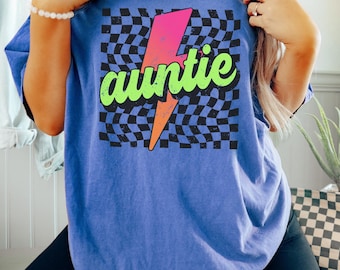 Neon Auntie Shirt, Checkered Aunt Shirt, Lightning Bolt Shirt, Gift for Sister, Retro Checkered Auntie T-Shirt, Comfort Colors® New Aunt Tee