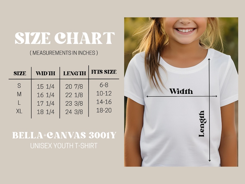 Pu&ograve; includere: T-shirt bianco unisex per bambini con tabella delle taglie. La tabella mostra le misure in pollici per le taglie dalla S alla XL, con larghezze da 38,7 a 46,4 cm e lunghezze da 53,0 a 61,9 cm. La maglietta &egrave; di Bella + Canvas.
