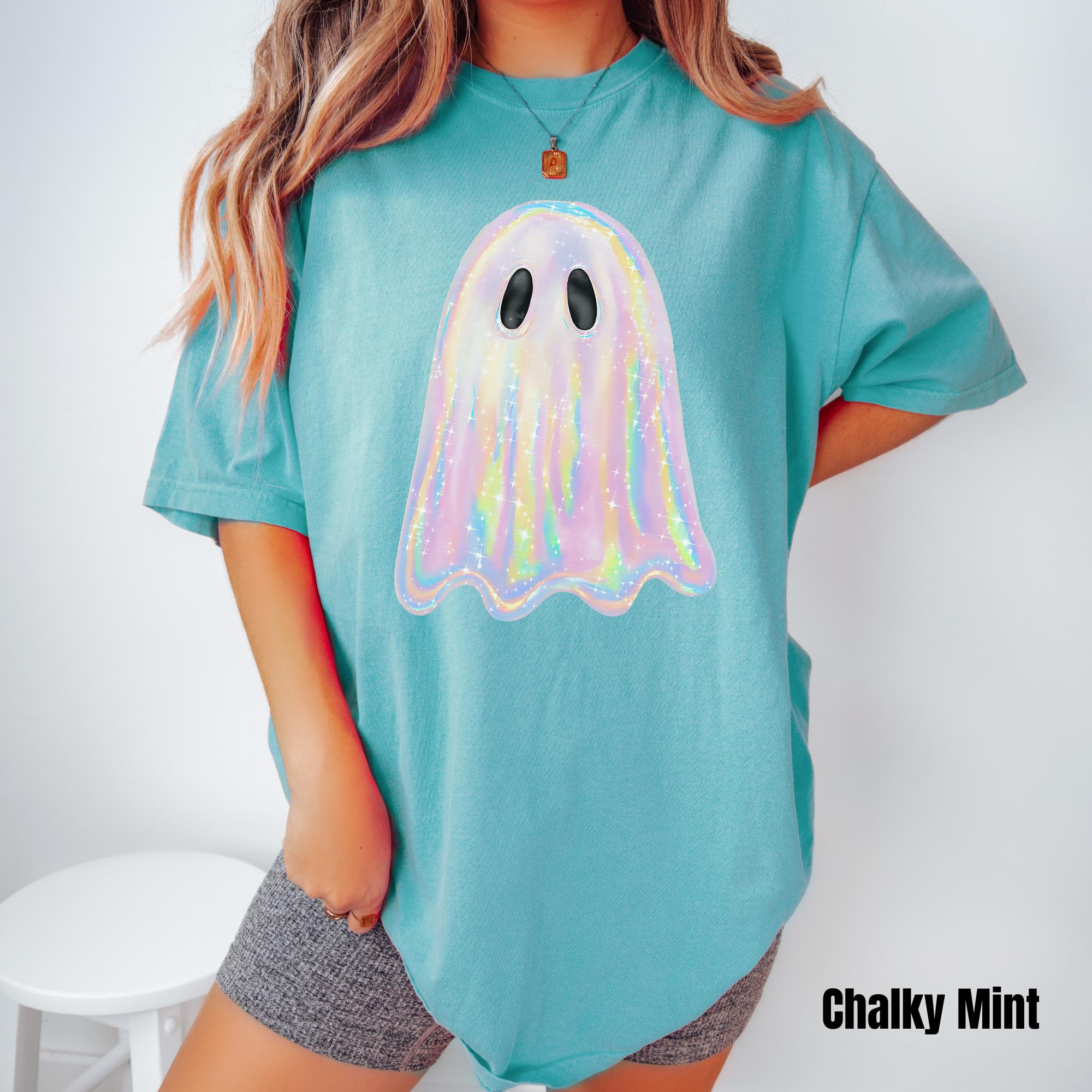 Shimmering Ghost Shirt, Iridescent Ghost Tee, Pastel Halloween T-Shirt, Comfort Colors Glittery Spooky Season Tee