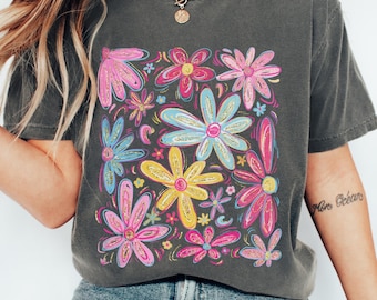 Boho Floral Comfort Colors T-Shirt | Pastel Wildflower Graphic Tee | Faux Gold Glitter Flower Shirt | Cottagecore Summer Tee for Women