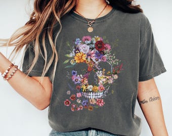 Floral Skull Shirt, Halloween Shirt, Floral Skeleton Comfort Colors® Tee, Vintage Style Wildflower T- Shirt, Halloween Tee, Plant Lover Gift