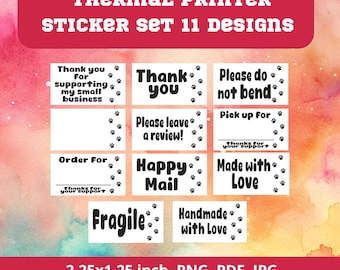 May include: A set of 11 thermal printer stickers featuring paw prints and various phrases like "Thank you", "Please do not bend", "Happy Mail", and "Made with Love". The stickers are 2.25 inches by 1.25 inches and are ready to print.