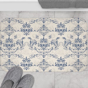 Blue Floral French Country Design Bath Mat, French Bathroom Decor, Floral Bath mats, Bath Mat Cute, Cottagecore Bath Mat, Cottage Core Decor