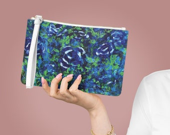Abstract Floral Clutch Bag: Blue Rose Art Print, Vegan Leather