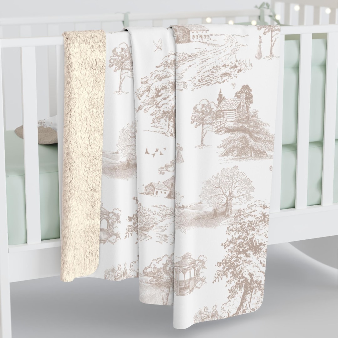 French Toile Sherpa Fleece Blanket: Mauve & White Farmhouse Style - Etsy