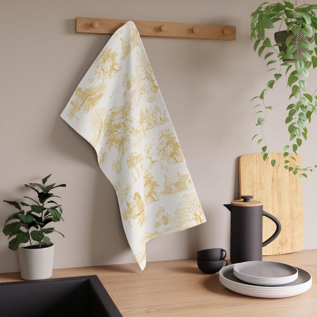 Gold French Country Tea Towels, Victorian Kitchen Decor, French Toile ...
