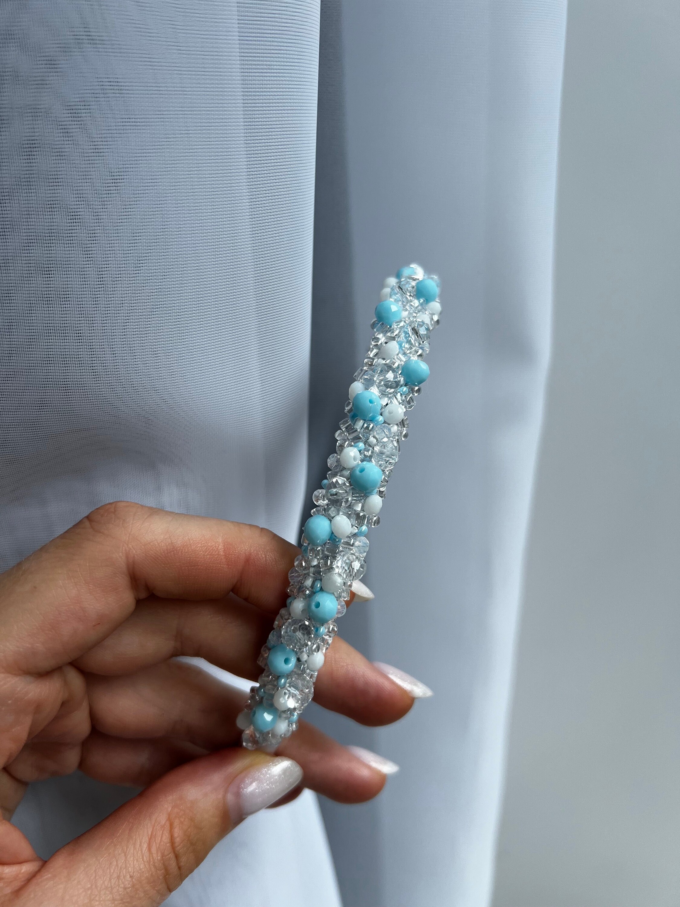 Sky Blue Crystal Beaded Headband: Embroidered Summer Hair  display picture 2