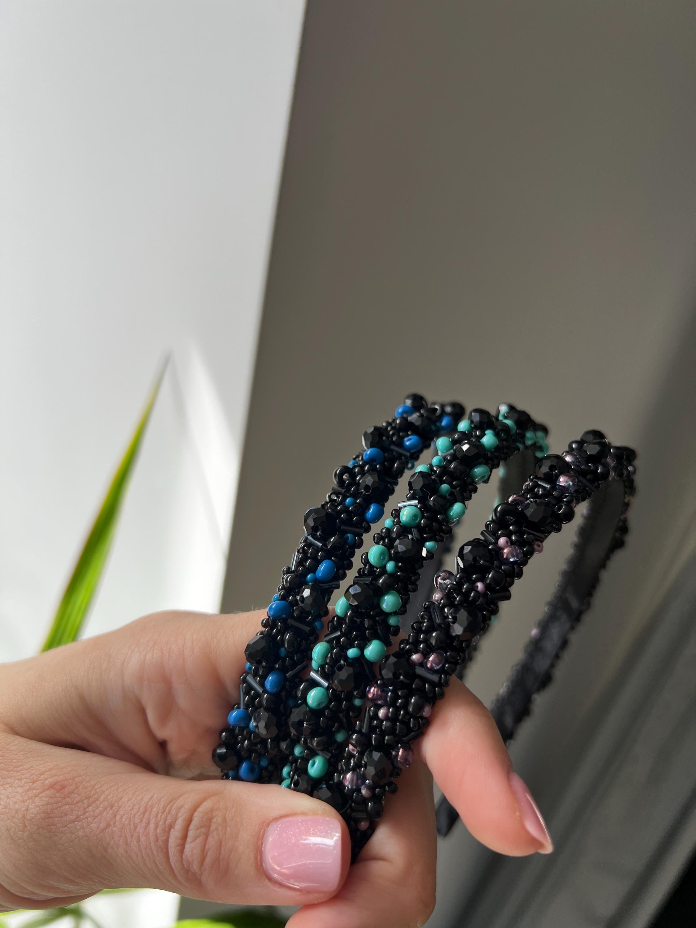 Gorgeous Knotted Black Pearl Turquoise Beads Headband Turquoise Top Knot Headband, Pearl & Gem Embellished, Hand  main image 2