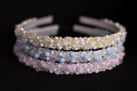 Sky Blue Crystal Beaded Headband: Embroidered Summer Hair  display picture 2