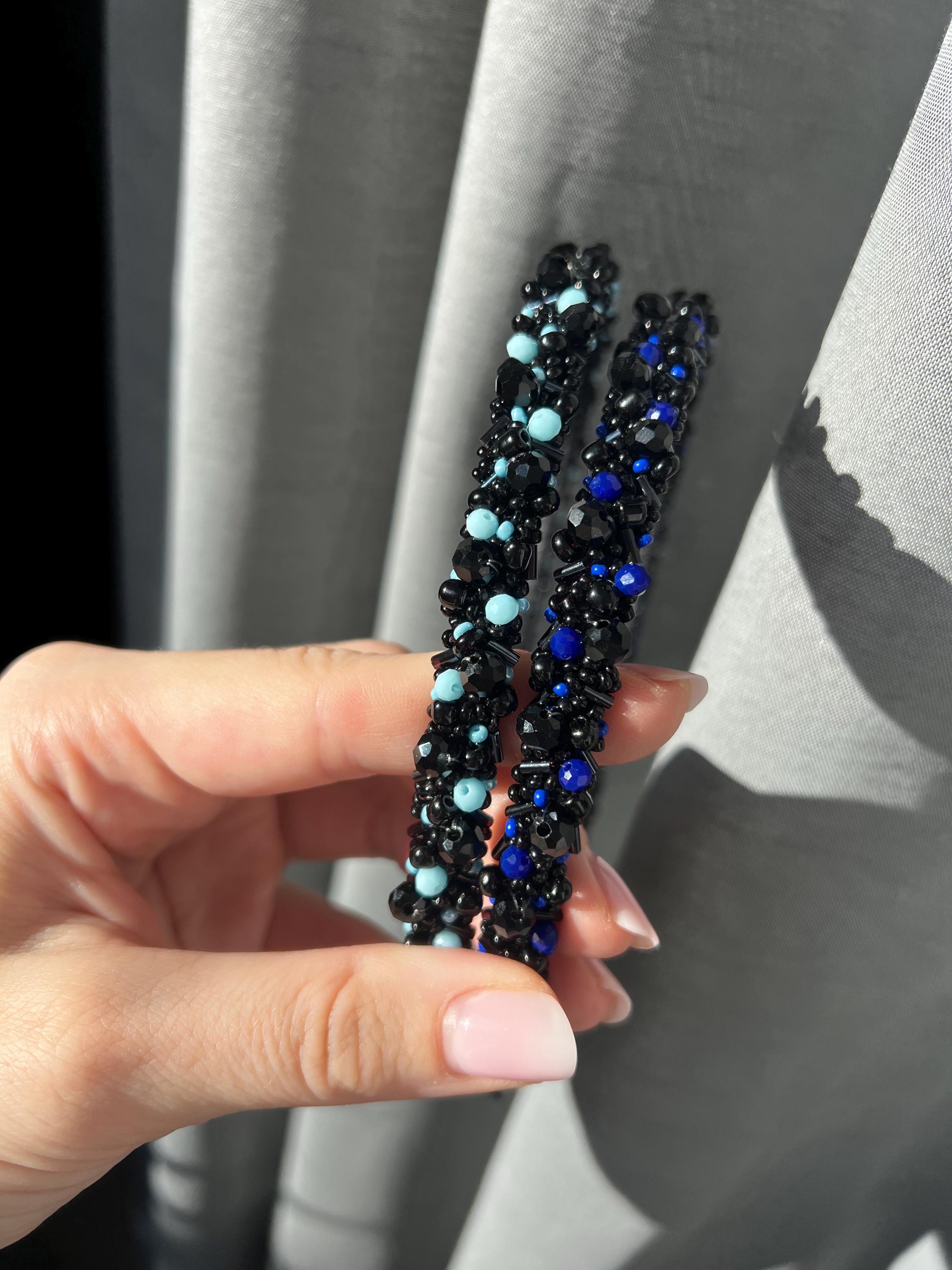 Elegant Black Blue Beaded Headband Black and Blue Beaded Headband | Elegant Handmade Hair  main image 4