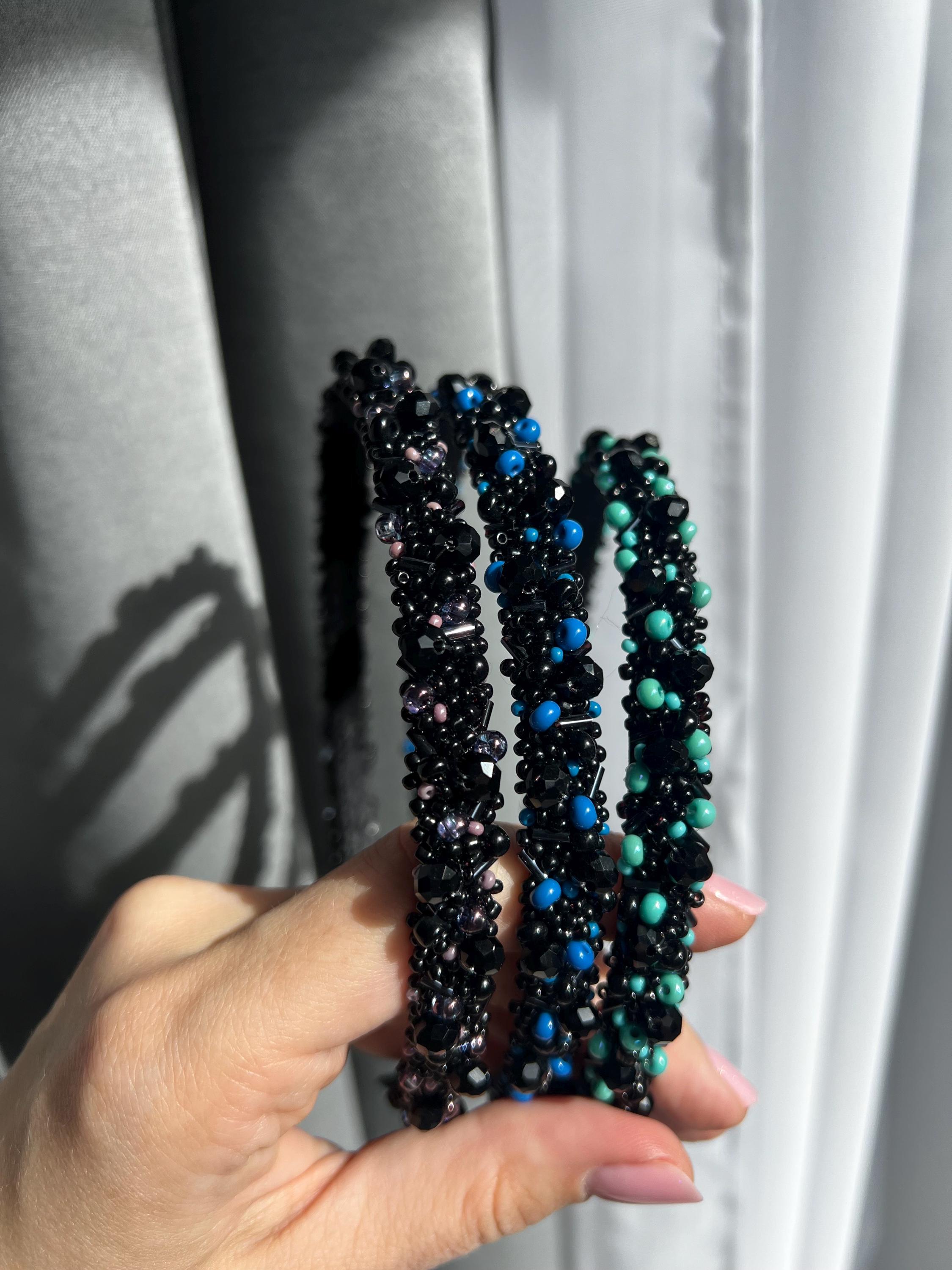 Gorgeous Knotted Black Pearl Turquoise Beads Headband Turquoise Top Knot Headband, Pearl & Gem Embellished, Hand  main image 4